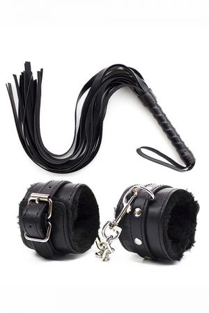 Black Plush Handcuffs & Whip Set