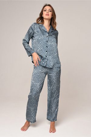 Blue Printed Satin Pajamas Set